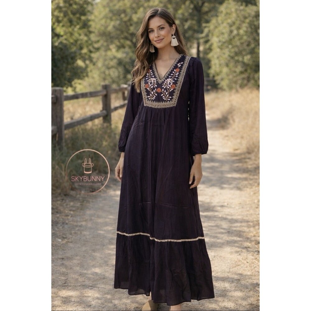 Ex Voto Hazel Maxi Dress Medium Plum Pink Beaded Embroidered Boho Style $289